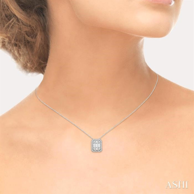 3/4 Ctw Octagonal Baguette & Round Cut Diamond Pendant With Box Chain in 14K White Gold