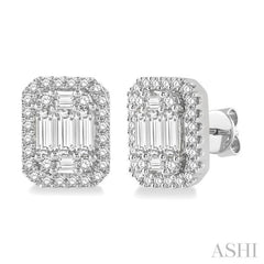 5/8 Ctw Octagonal Baguette & Round Cut Diamond Stud Earrings in 14K White Gold