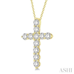 1 1/2 Ctw Round Cut Diamond Cross Pendant in 14K Yellow Gold with Chain