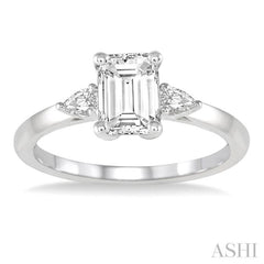 3/4 ctw Octagon Emerald and Pear Cut Diamond Ladies Engagement Ring with 1/2 Ct Emerald Cut Center Stone in 14K White Gold