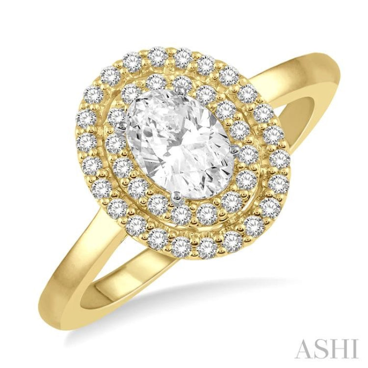 1/2 Ctw Oval Cut Center Stone and Round Cut Diamond 1/3 Ctw Ladies Engagement Ring in 14K Yellow and White Gold