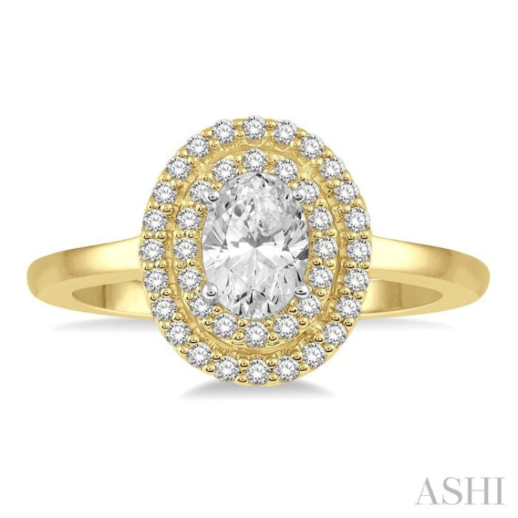 1/2 Ctw Oval Cut Center Stone and Round Cut Diamond 1/3 Ctw Ladies Engagement Ring in 14K Yellow and White Gold