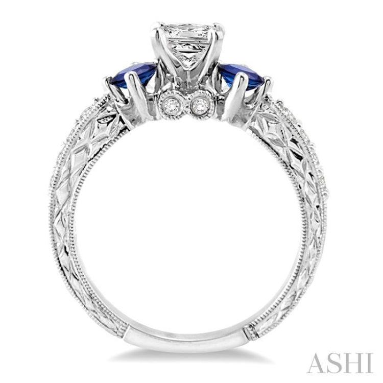 5/8 Ctw Diamond and 2.9mm Princess Cut Sapphire Engagement Precious Ring with 3/8 Ct Princess Cut Center Stone in 14K White Gold