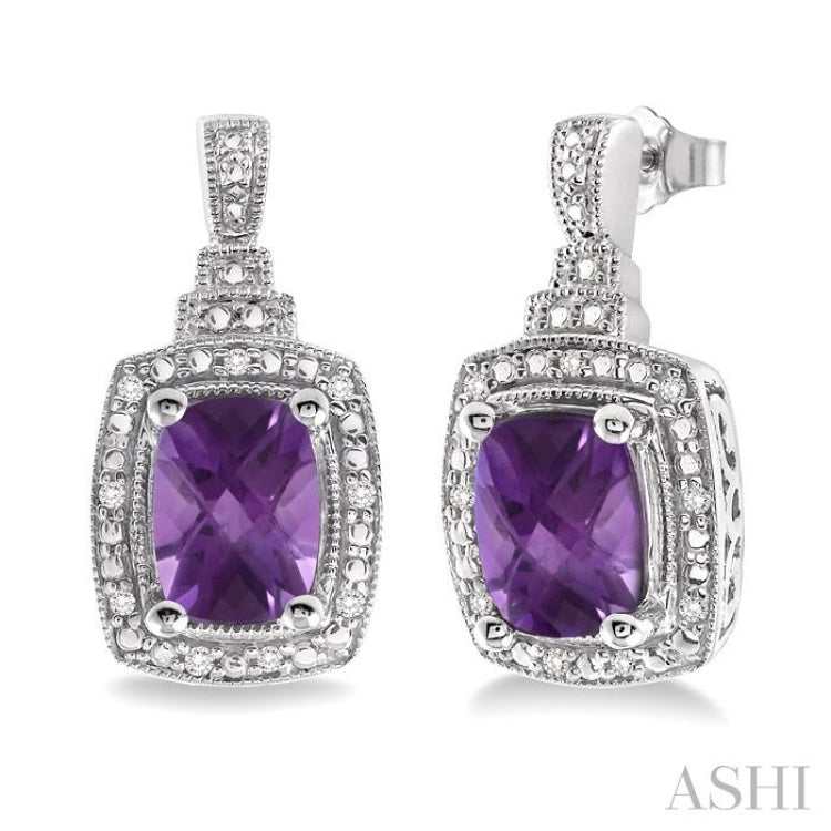 8X6 MM Cushion Shape Amethyst and 1/10 Ctw Round Cut Diamond Earrings in Sterling Silver