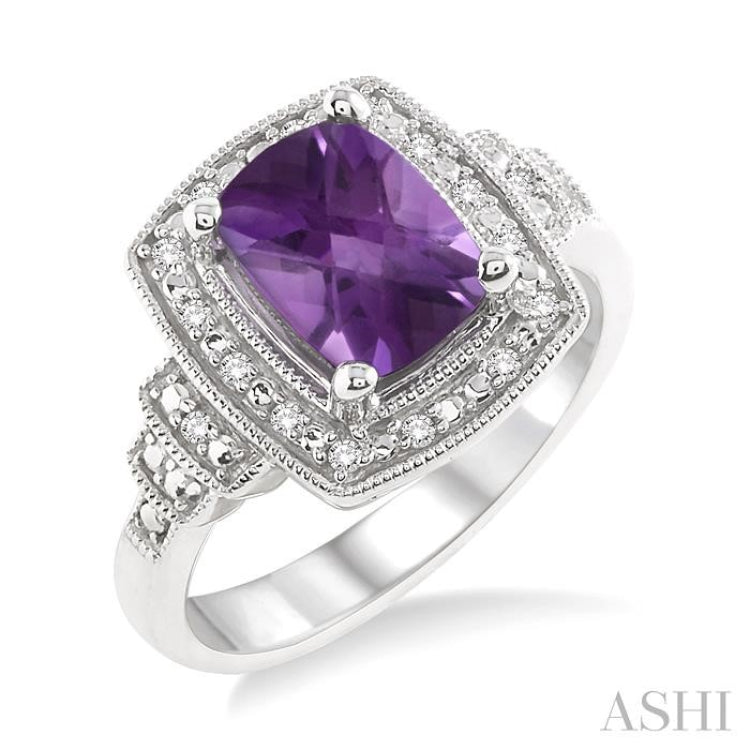 9X7 MM Cushion Shape Amethyst and 1/10 Ctw Round Cut Diamond Ring in Sterling Silver