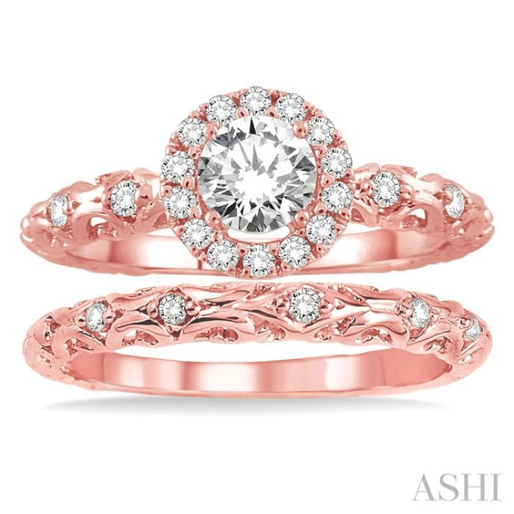 3/8 Ctw Diamond Wedding Set with 1/3 Ctw Round Cut Engagement Ring and 1/20 Ctw Wedding Band in 14K Rose Gold