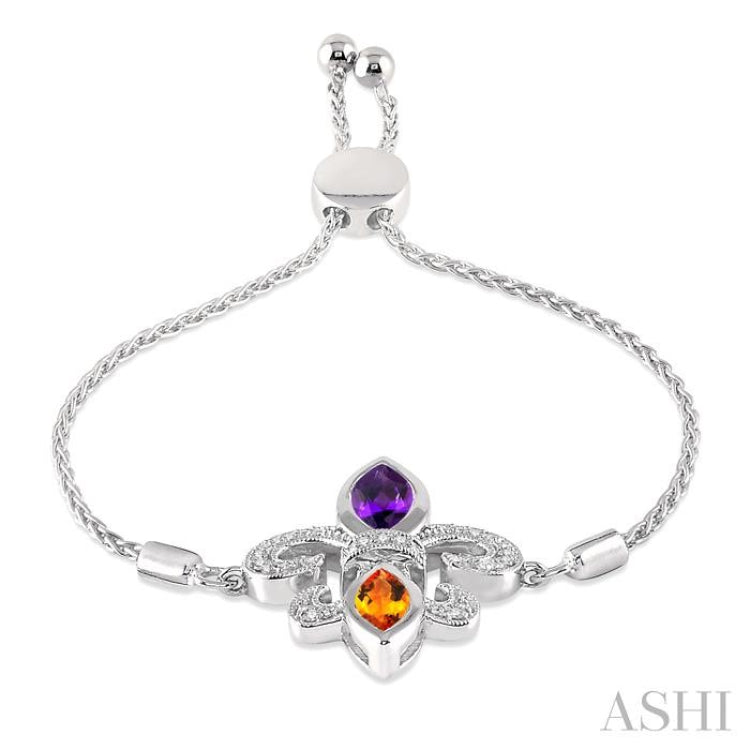 10x5 MM Marquise Cut Amethyst & 8x4 MM Marquise Cut Citrine and 1/20 Ctw Round Diamond Fleur De Lis Sterling Silver Lariat Bracelet