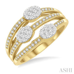 3/8 Ctw Triple Oval Mount Split Shank Lovebright Round Cut Diamond Ring in 14K Yellow and White Gold