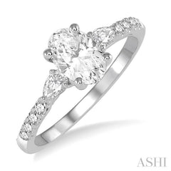 7/8 ctw Pear & Round Cut Diamond Engagement Ring With 1/2 ct Oval Cut Center Stone in 14K White Gold