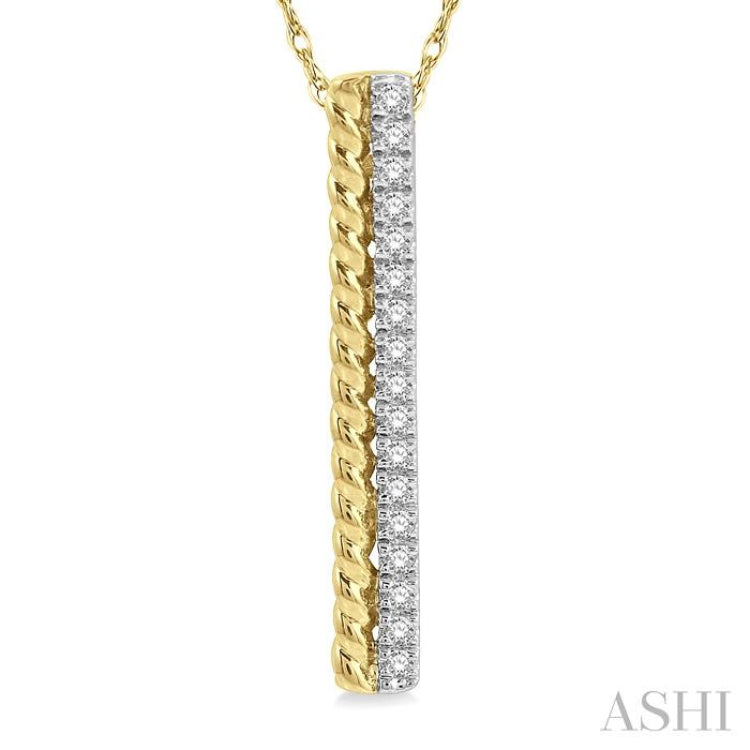 1/6 Ctw Rope Bead & Round Cut Diamond Bar Pendant With Chain in 14K Yellow Gold