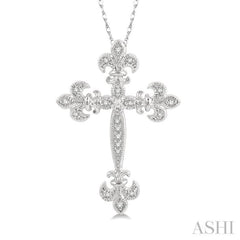 1/10 Ctw Fleur De Lis Round Cut Diamond Cross Pendant With Chain in 10K White Gold