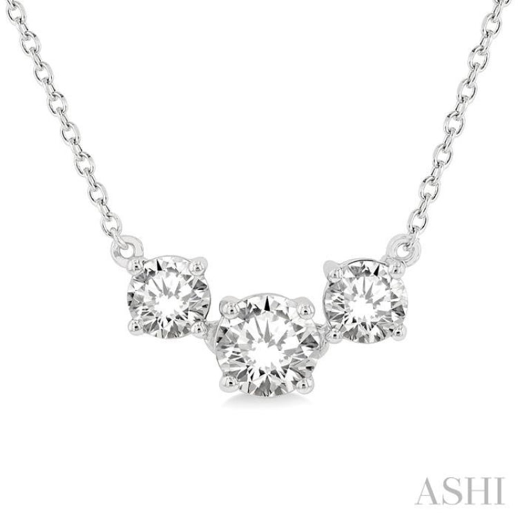 1 Ctw Three Stone Round Cut Diamond Necklace in 14K White Gold