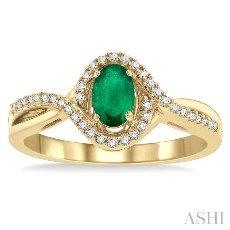 1/6 Ctw Split Crisscross Bypass Shank Round Cut Diamond Precious Ring With 6x4 MM Oval Cut Emerald Center Stone in 10K Yellow Gold