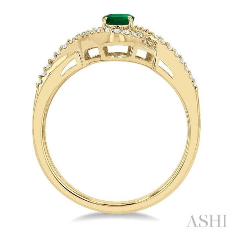 1/6 Ctw Split Crisscross Bypass Shank Round Cut Diamond Precious Ring With 6x4 MM Oval Cut Emerald Center Stone in 10K Yellow Gold