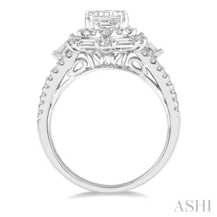 1 1/10 ctw Hexagonal Shape Baguette and Round Cut Diamond Semi-Mount Engagement Ring in 14K White Gold