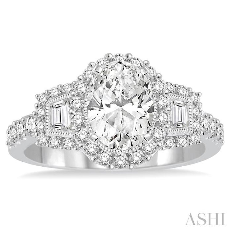 1 Ctw Oval Shape Baguette and Round Cut Diamond Semi-Mount Engagement Ring in 14K White Gold