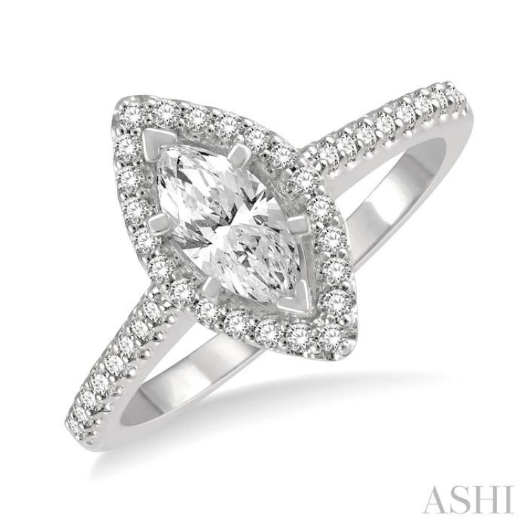 3/4 Ctw Round Cut Diamond Engagement Ring With 1/2 ct Marquise Cut Center Stone in 14K White Gold