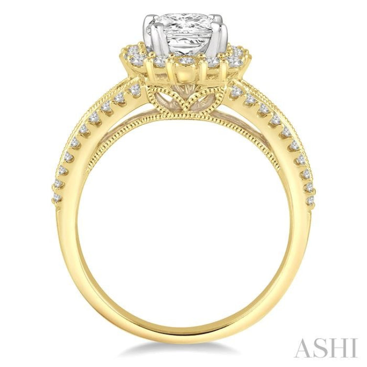 1 Ctw Diamond Engagement Ring with 1/2 Ct Princess Cut Center Stone in 14K Yellow and White Gold