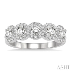 1 Ctw Circular Shape 5 Stone Round Cut Diamond Halo Wedding Band in 14K White Gold