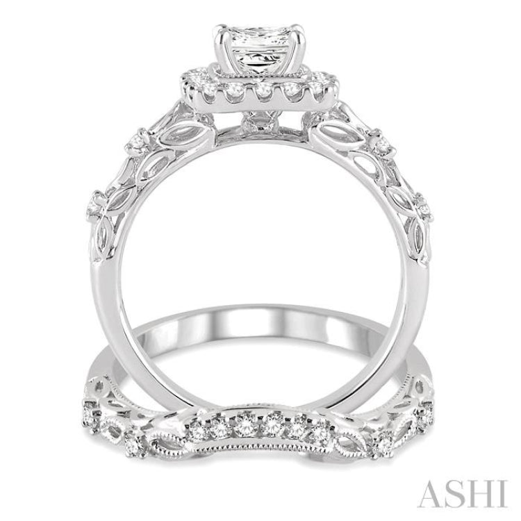 3/4 Ctw Diamond Wedding Set with 3/4 Ctw Princess Cut Engagement Ring and 1/10 Ctw Wedding Band in 14K White Gold