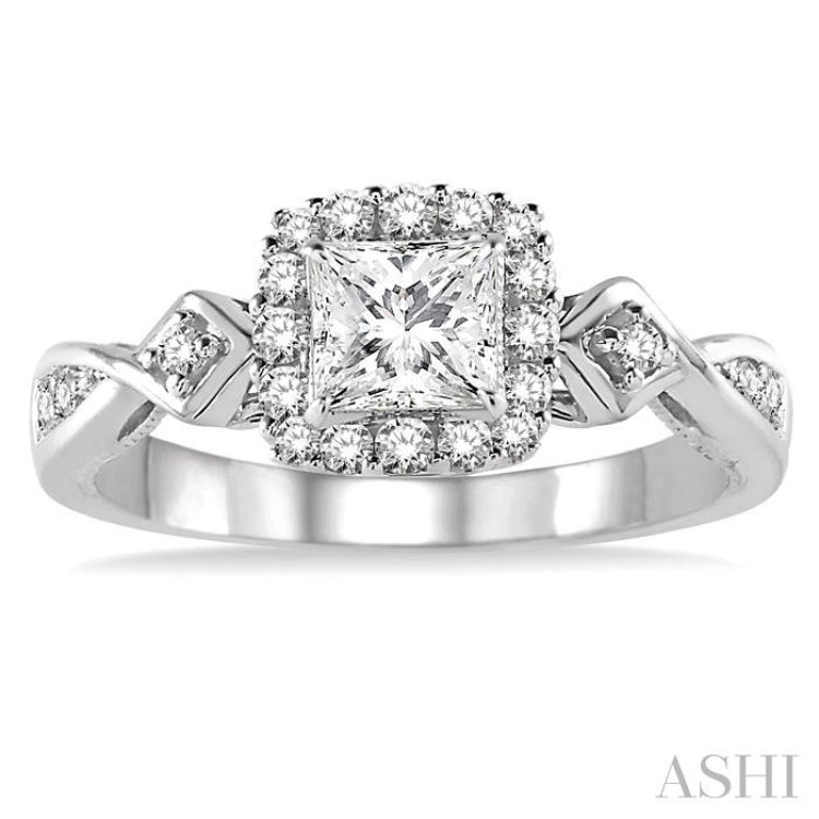 1/2 Ctw Diamond Engagement Ring with 1/5 Ct Princess Cut Center Stone in 14K White Gold