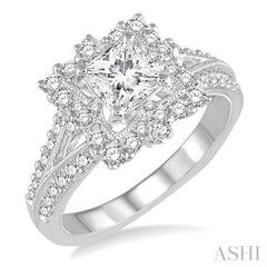 1 1/2 Ctw Diamond Engagement Ring with 3/4 Ct Princess Cut Center Stone in 14K White Gold