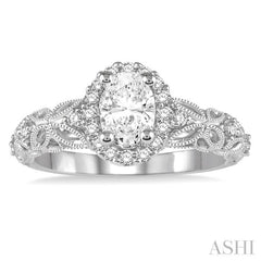 1/3 Ctw Round Diamond Oval Halo Vintage Inspired Semi-Mount Engagement Ring in 14K White Gold