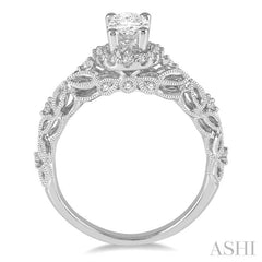 1/3 Ctw Round Diamond Oval Halo Vintage Inspired Semi-Mount Engagement Ring in 14K White Gold