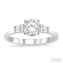 1/2 ctw Baguette and Round Cut Diamond Ladies Engagement Ring with 1/3 Ct Round Cut Center Stone in 14K White Gold