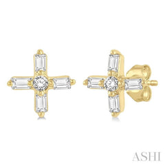 1/10 Ctw Greek Cross Baguette and Round Cut Diamond Petite Earring in 10K Yellow Gold