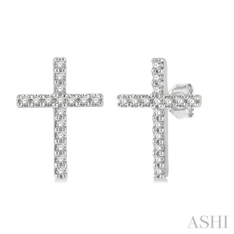 1/10 Ctw Cross Round Cut Diamond Petite Fashion Earring in 10K White Gold