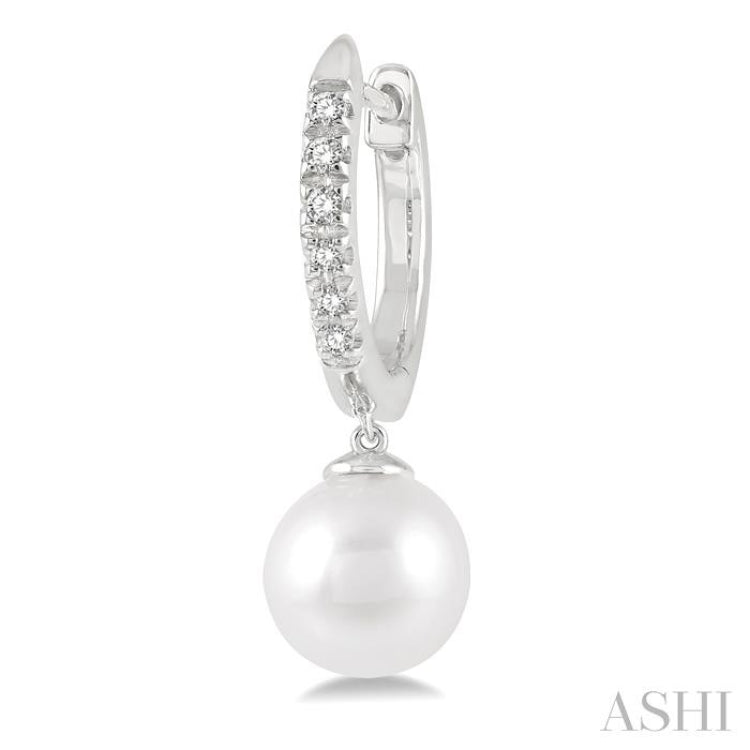 6 MM Round Shape Cultured Pearls and 1/8 Ctw Round Cut Diamond Drop Petite Huggie Earrings 10K White Gold