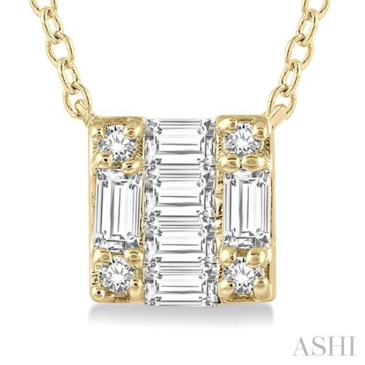 1/8 Ctw Square Shape Baguette and Round Cut Diamond Petite Fashion Pendant With Chain in 10K Yellow Gold