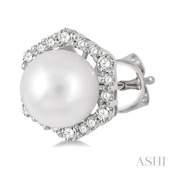 7 MM Cultured Pearls and 1/3 Ctw Hexagon Shape Round Cut Diamond Earrings in 14K White Gold