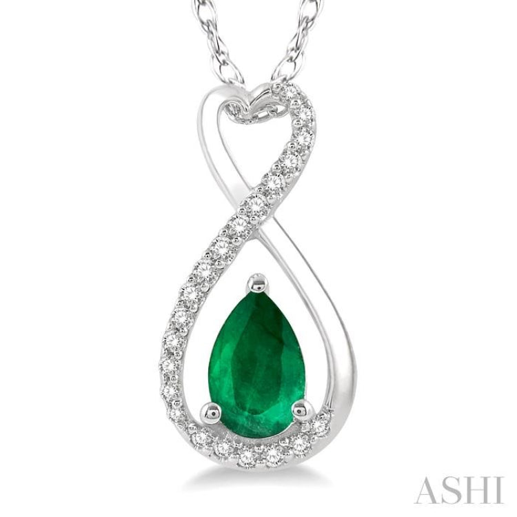 1/10 Ctw Eternity 6X4 MM Pear Cut Emerald and Round Cut Diamond Precious Pendant With Chain in 10K White Gold