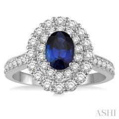 1 Ctw Oval Shape 7x5 MM Sapphire and Round Cut Diamond Halo Precious Ring in 14K White Gold