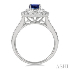 1 Ctw Oval Shape 7x5 MM Sapphire and Round Cut Diamond Halo Precious Ring in 14K White Gold