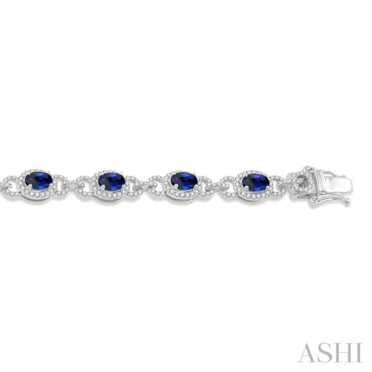 1 3/4 Ctw Round Cut Diamond & 6x4 MM Oval Cut Sapphire Precious Bracelet in 14K White Gold