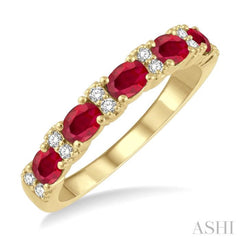 1/6 Ctw Oval Shape 4x3 MM Ruby and Round Cut Diamond Precious Band in 14K Yellow Gold