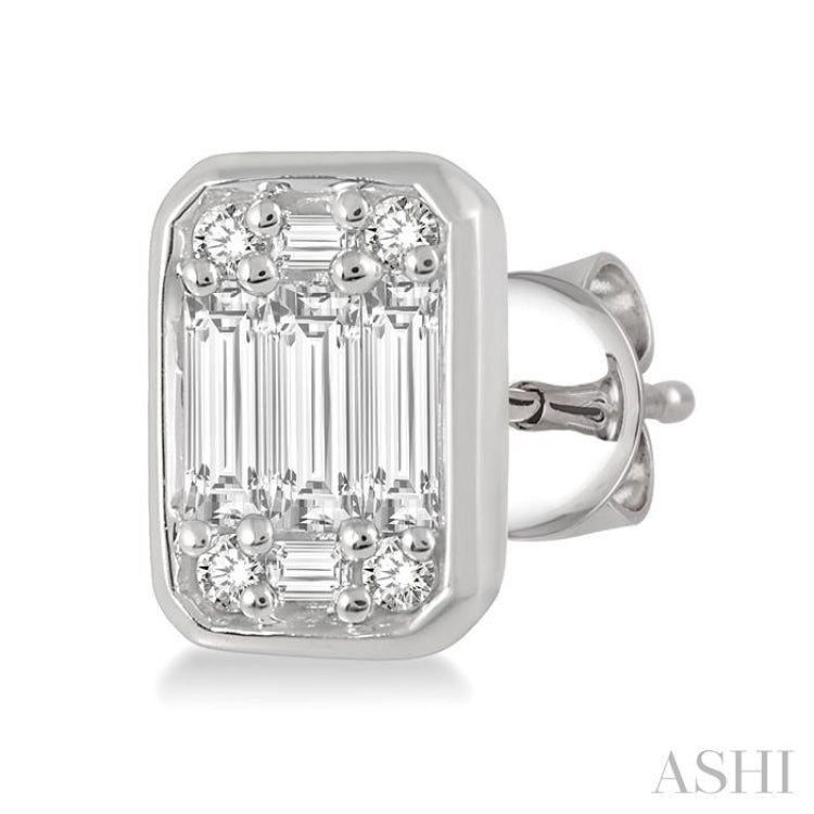 1/5 Ctw Octagonal Shape Baguette and Round Cut Diamond Bezel Stud Earrings in 14K White Gold