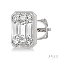 1/5 Ctw Octagonal Shape Baguette and Round Cut Diamond Bezel Stud Earrings in 14K White Gold