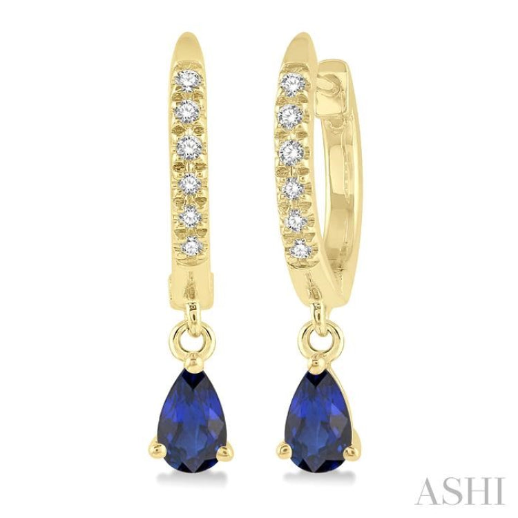 1/8 Ctw Round Cut Diamond & 5x3 MM Pear Cut Sapphire Petite Fashion Huggie Earrings in 14K Yellow Gold