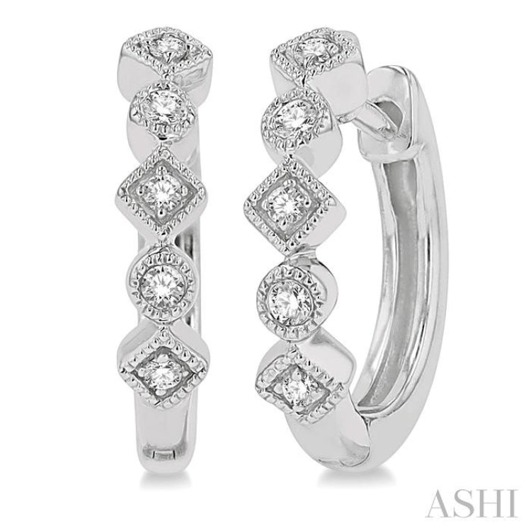 1/10 Ctw Circular & Rhombus Mount Round Cut Diamond Huggie Earrings in 14K White Gold