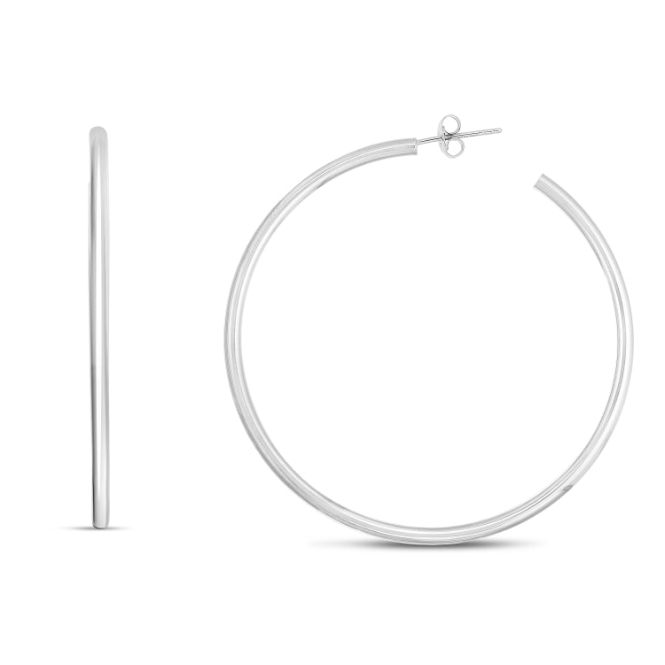 Silver with Rhodium Finish Polished Fancy Hoop Earring with Push Back Clasp