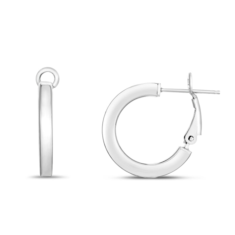 Silver with Rhodium Finish Polished Hoop Earring with Snap Clasp