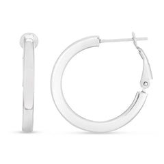 Silver with Rhodium Finish Polished Hoop Earring with Snap Clasp