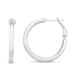 Silver with Rhodium Finish Polished Hoop Earring with Snap Clasp