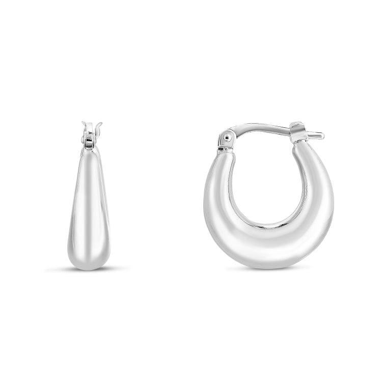 Silver with Rhodium Finish Polished Puffed Graduated Hoop Earring with Hinged Clasp