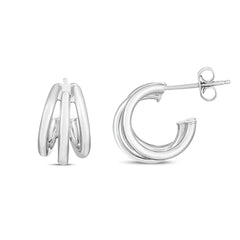 Silver with Rhodium Finish Polished Triple Strand Hoop Earring with Push Back Clasp