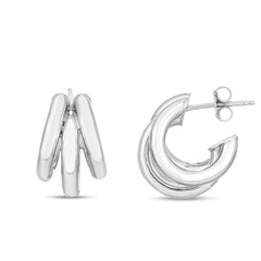 Silver with Rhodium Finish Polished Triple Strand Hoop Earring with Push Back Clasp